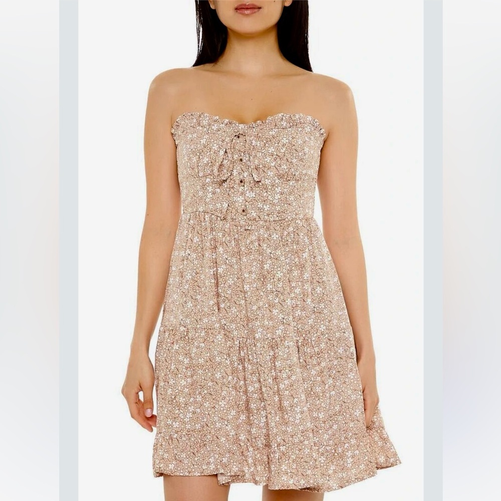 F21 No Comment Tan Blush Beige Ditsy Floral Strapless Mini Dress Size Medium